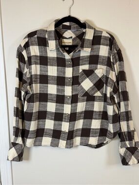Scotch & Soda Plaid Button Down Flannel Shirt L Boxy Cropped Brown Cream Cotton